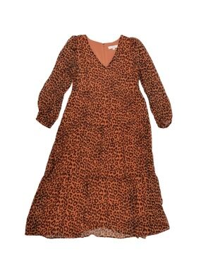 LOFT Leopard Print Midi Dress Size 10 Tiered Rust Orange Long Sleeve